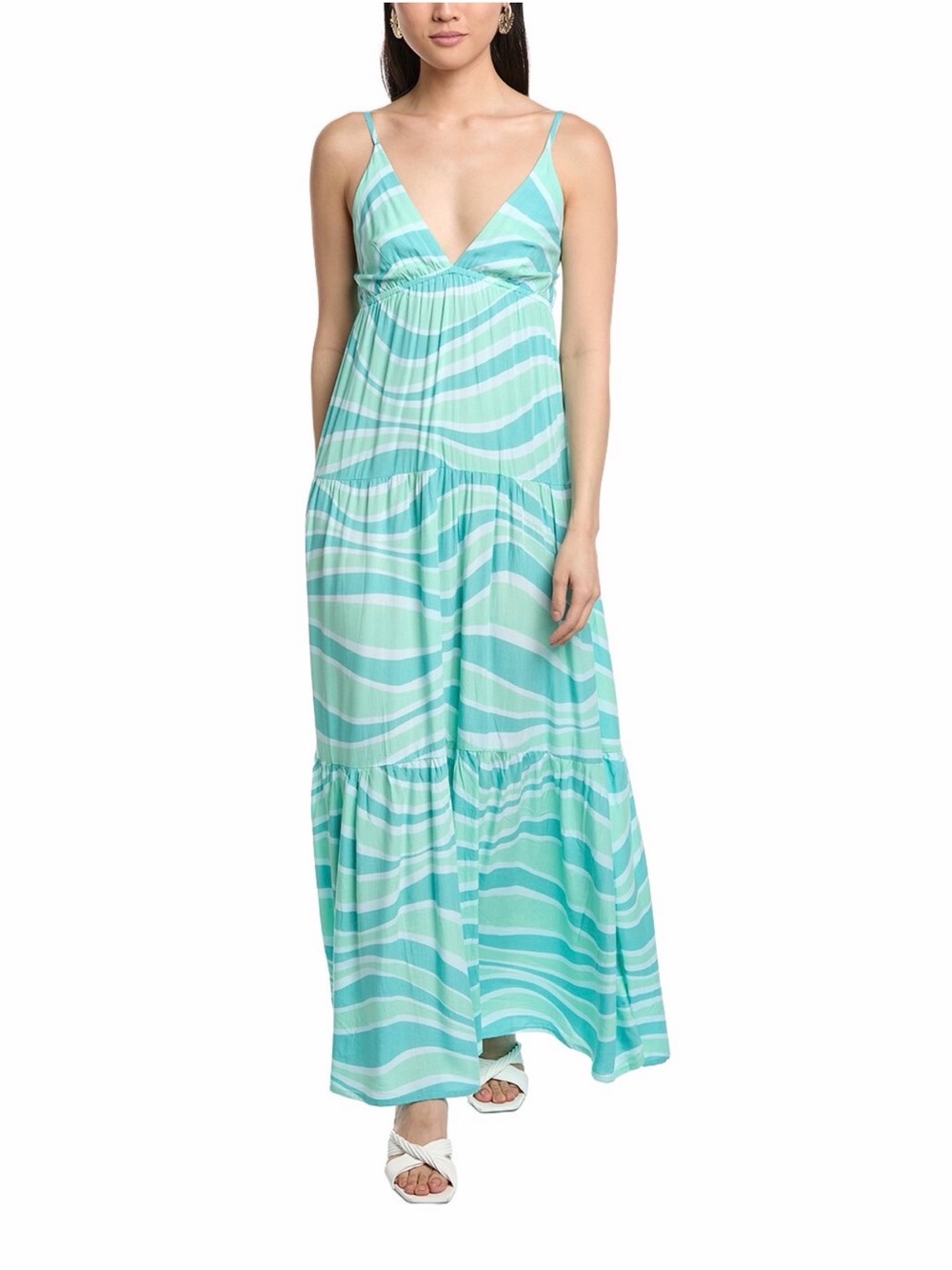 Tiare Hawaii Mint Green and White Striped V-Neck Maxi Dress
